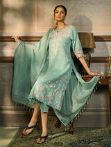 Sky blue floral threadwork women kurti set