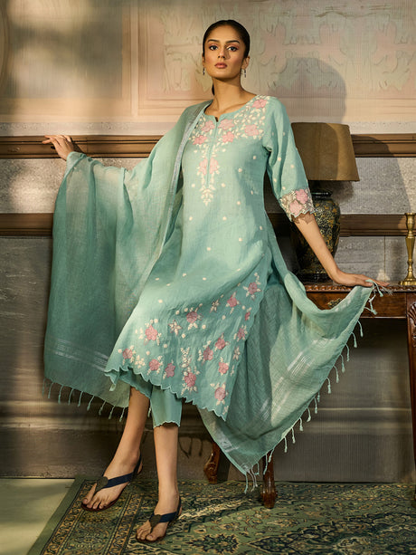 Sky blue floral threadwork women kurti set