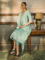 Sky blue floral threadwork women kurti set