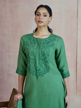 Green botanical vine embroidery women kurti set