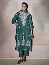 Teal green aabla floral women kurti set