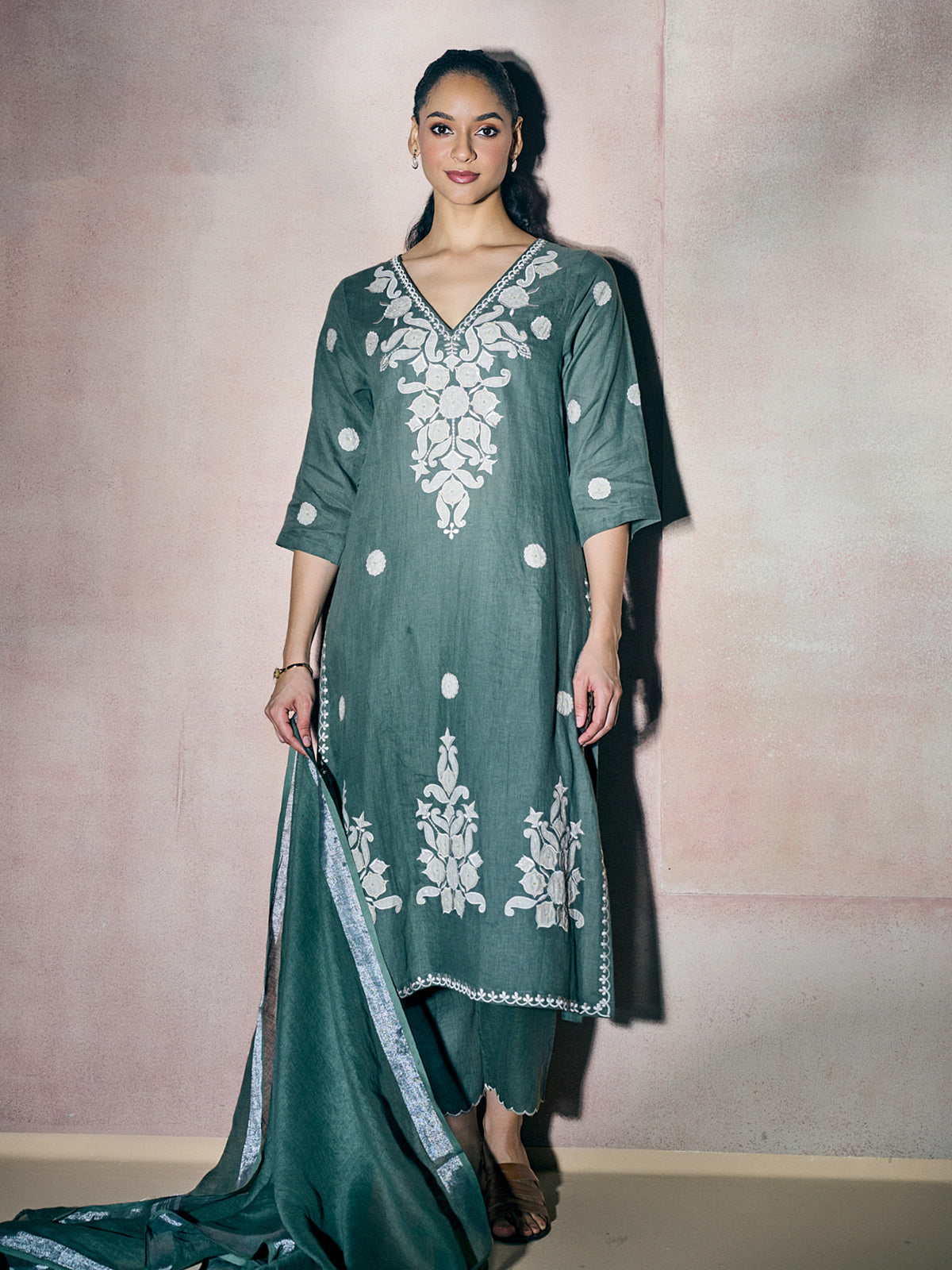 Teal green aabla floral women kurti set