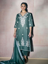 Teal green aabla floral women kurti set