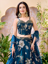 Blue crepe satin silk lehenga choli with floral printed dupatta