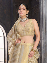 Gold silk lehenga choli with elegant peacock motif embellishments