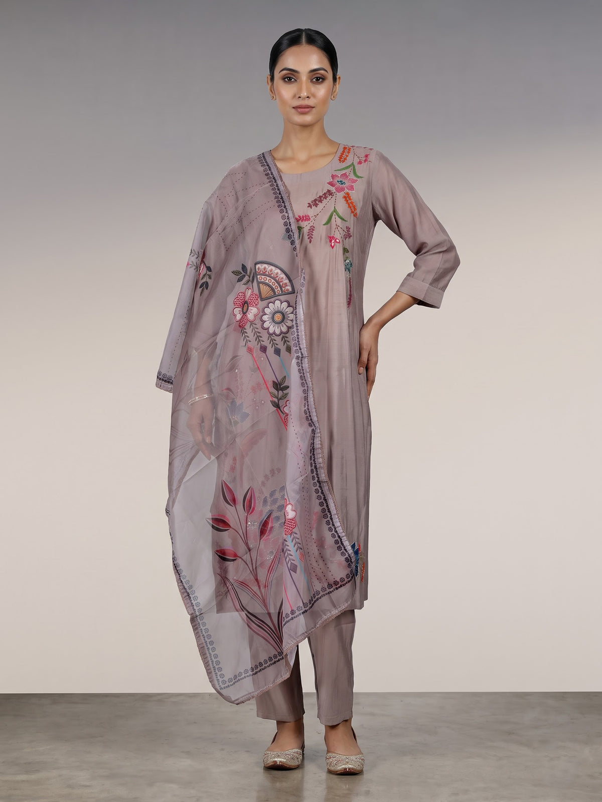 Grey silk kurti set with floral sequins and printed dupatta