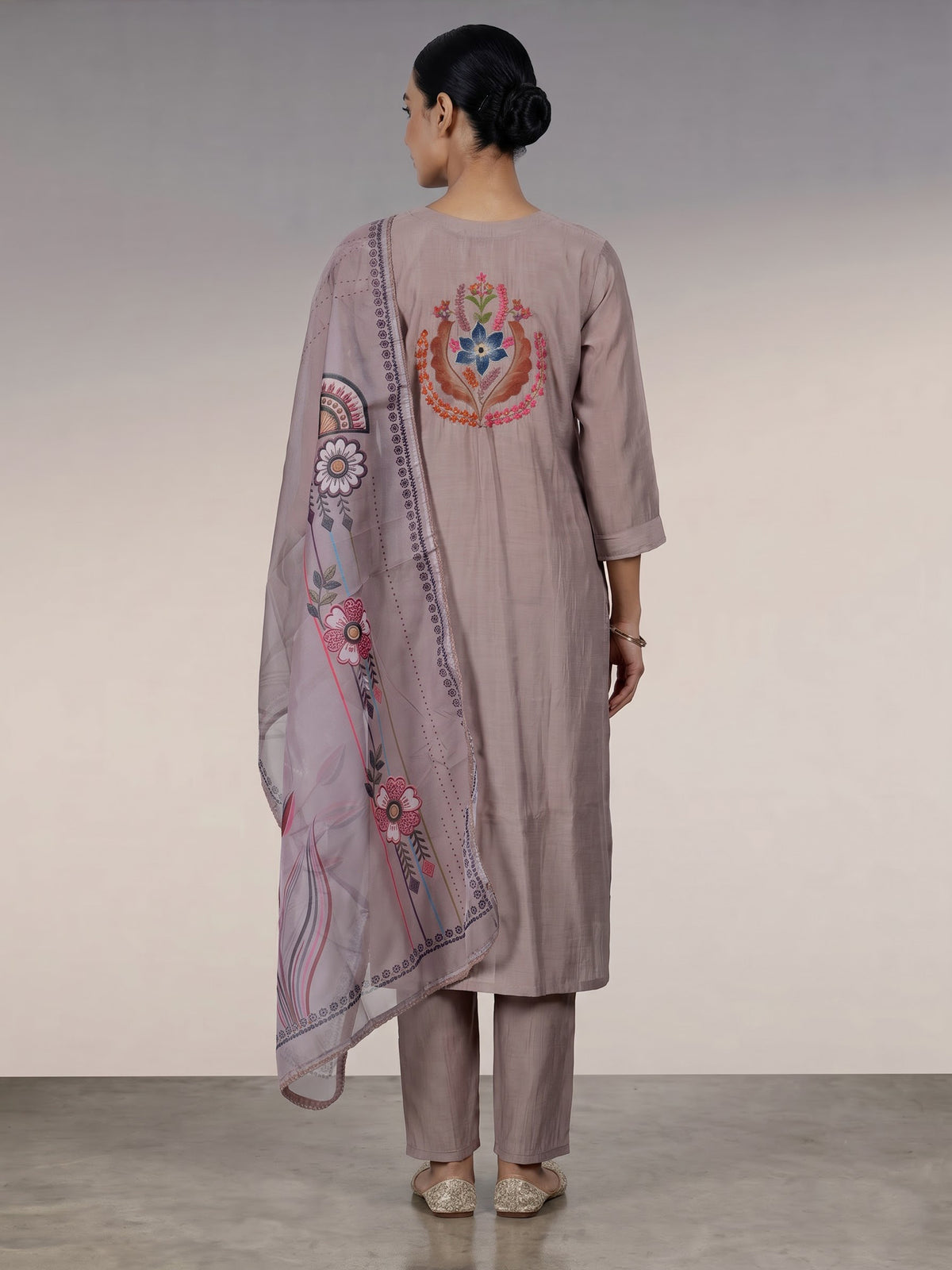Grey silk kurti set with floral sequins and printed dupatta