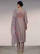 Grey silk kurti set with floral sequins and printed dupatta