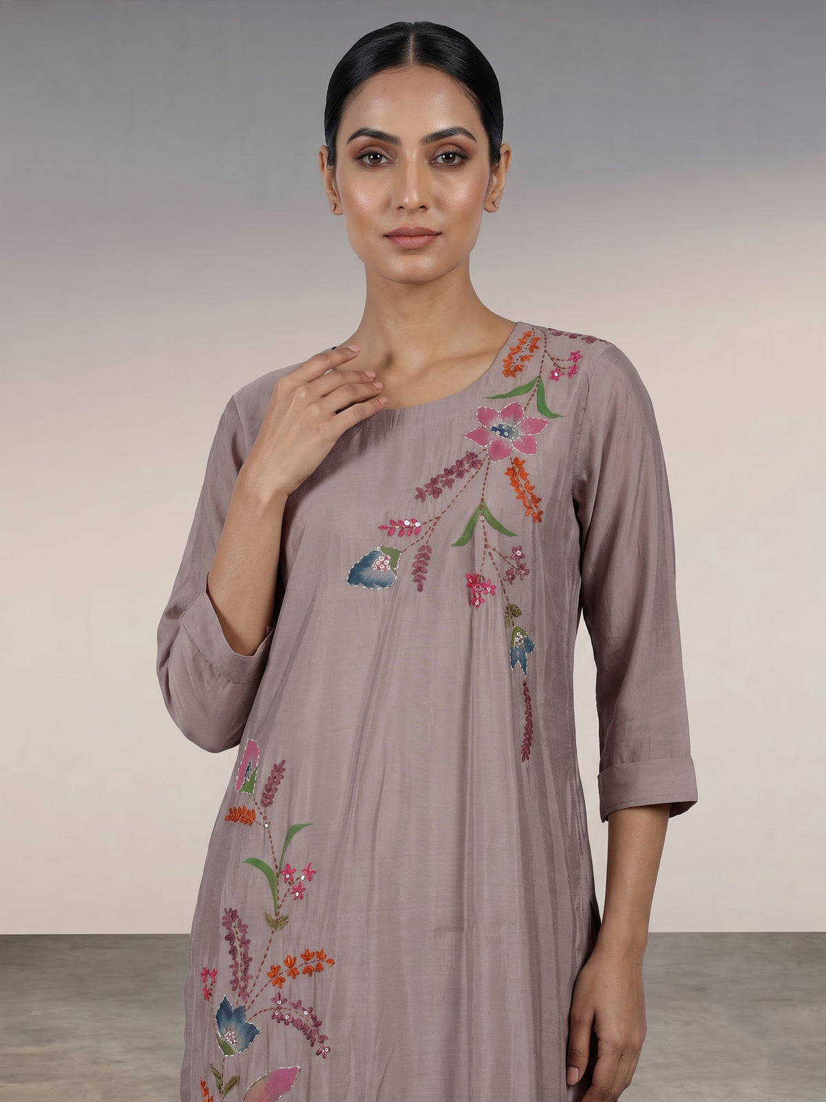 Grey silk kurti set with floral sequins and printed dupatta