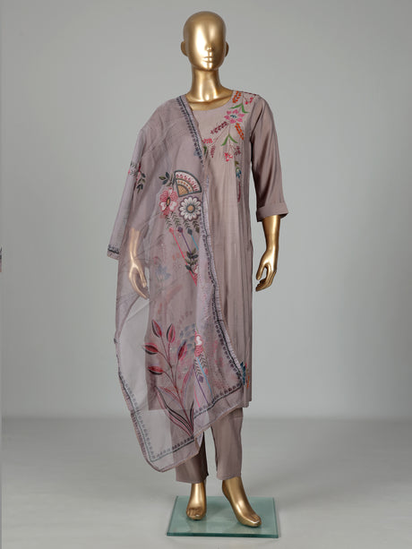Grey silk kurti set with floral sequins and printed dupatta