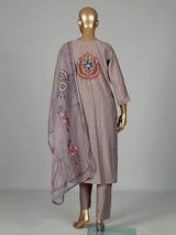 Grey silk kurti set with floral sequins and printed dupatta