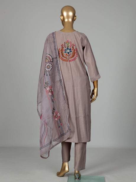 Grey silk kurti set with floral sequins and printed dupatta