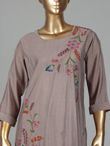 Grey silk kurti set with floral sequins and printed dupatta