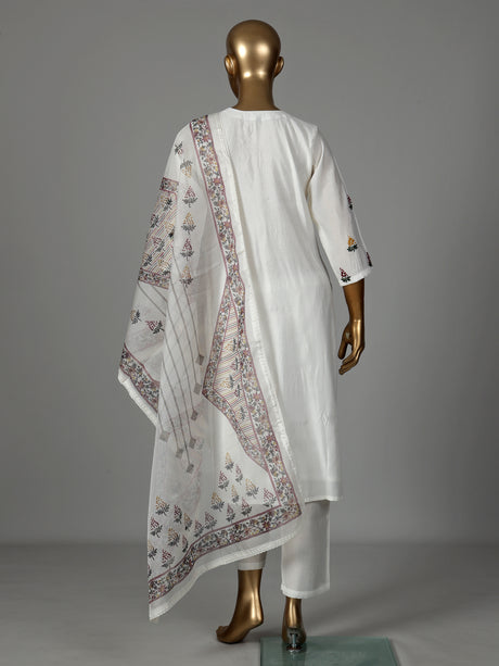 White tusser silk kurti set with delicate floral embroidery