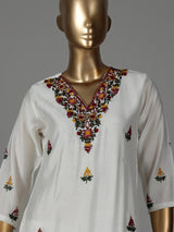White tusser silk kurti set with delicate floral embroidery