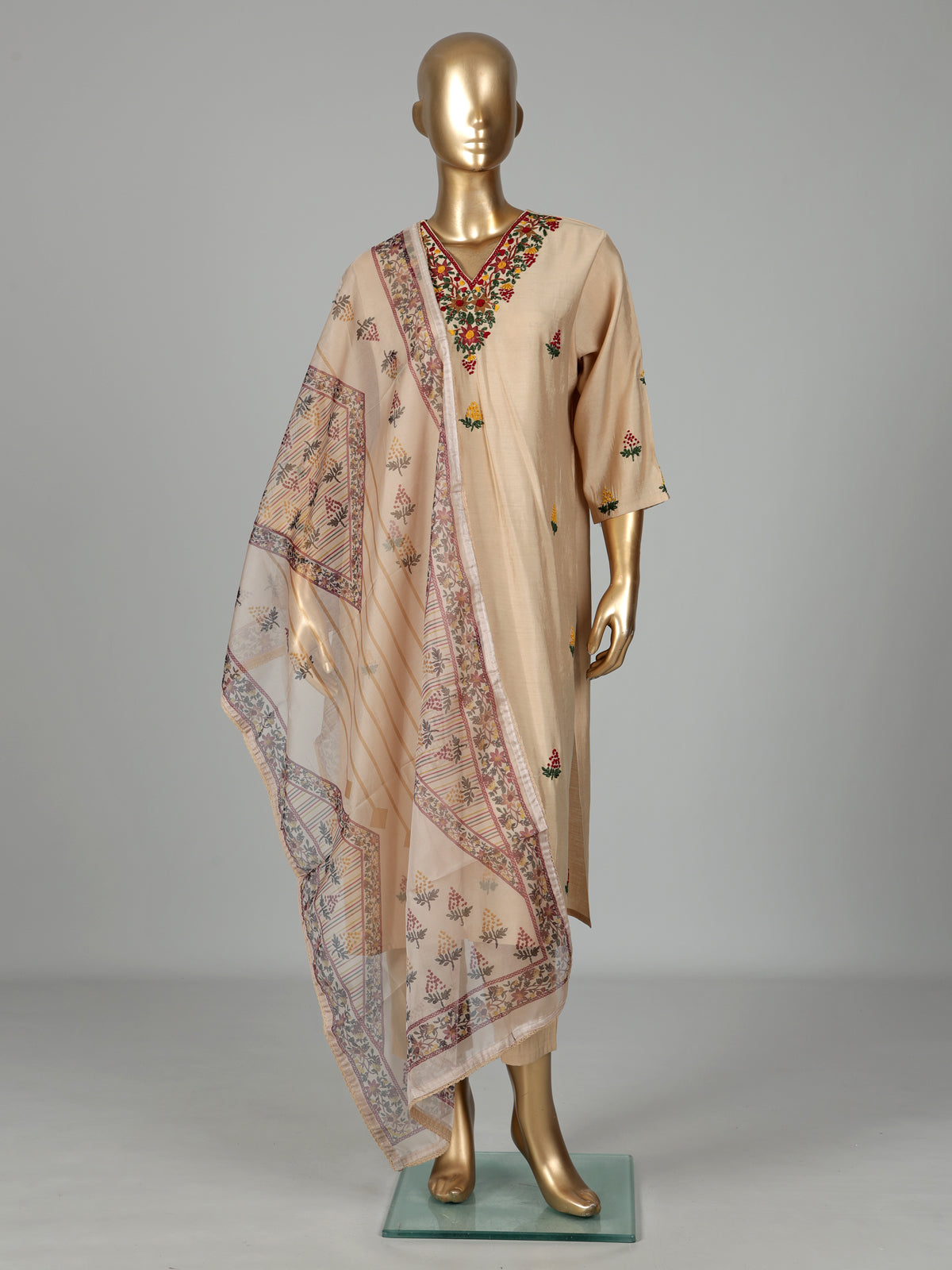 Beige tusser silk kurti set with floral thread embroidery
