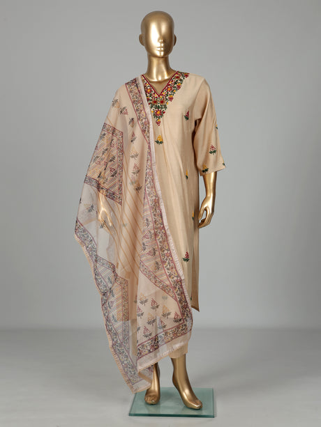 Beige tusser silk kurti set with floral thread embroidery
