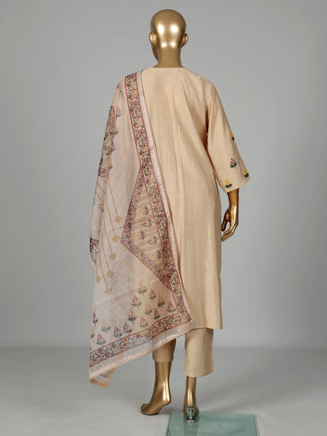 Beige tusser silk kurti set with floral thread embroidery