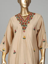 Beige tusser silk kurti set with floral thread embroidery