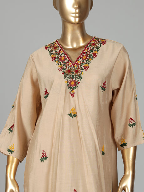 Beige tusser silk kurti set with floral thread embroidery