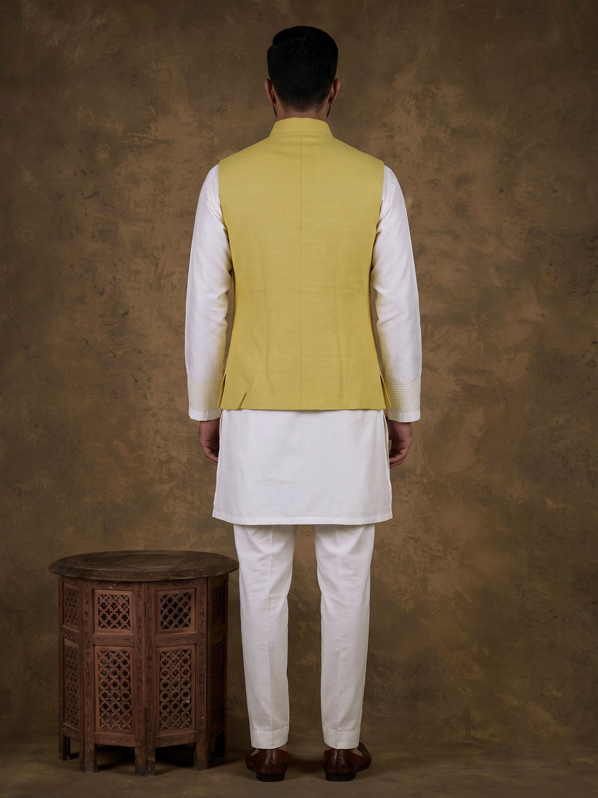 Yellow matka silk mens waistcoat set with zardosi chest pocket