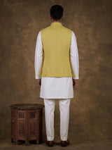 Yellow matka silk mens waistcoat set with zardosi chest pocket