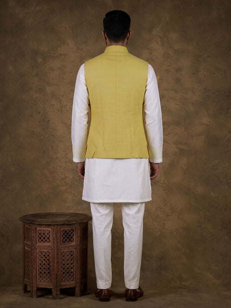 Yellow matka silk mens waistcoat set with zardosi chest pocket