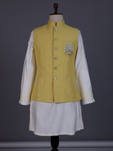 Yellow matka silk mens waistcoat set with zardosi chest pocket