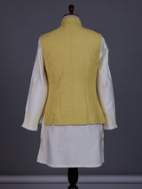 Yellow matka silk mens waistcoat set with zardosi chest pocket