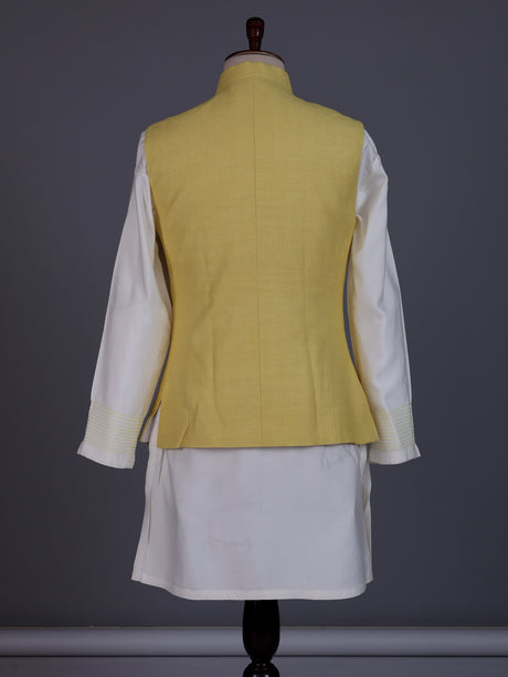 Yellow matka silk mens waistcoat set with zardosi chest pocket
