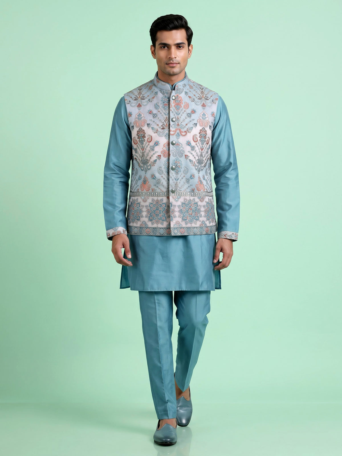 Sky blue silk mens waistcoat set with botanical thread sequin accents