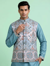 Sky blue silk mens waistcoat set with botanical thread sequin accents
