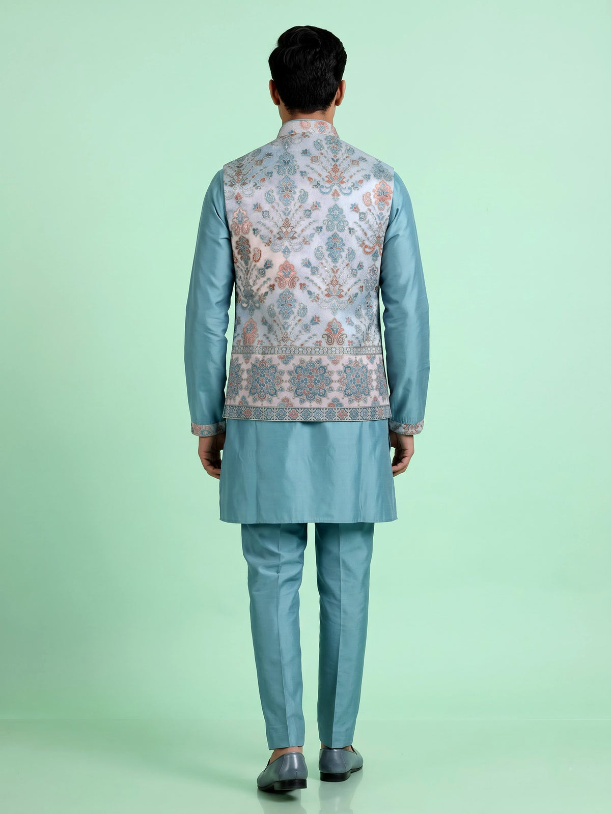 Sky blue silk mens waistcoat set with botanical thread sequin accents