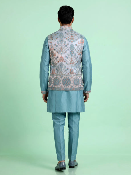 Sky blue silk mens waistcoat set with botanical thread sequin accents