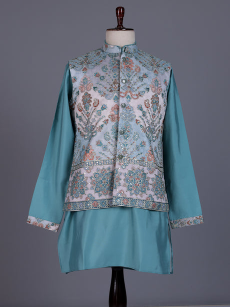 Sky blue silk mens waistcoat set with botanical thread sequin accents