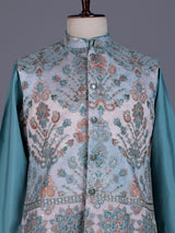 Sky blue silk mens waistcoat set with botanical thread sequin accents