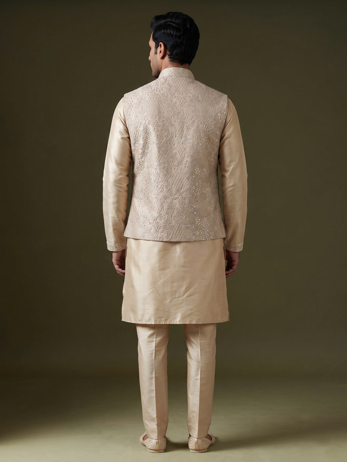 Pastel beige silk mens waistcoat set with floral sequin embroidery