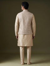 Pastel beige silk mens waistcoat set with floral sequin embroidery