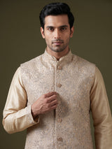 Pastel beige silk mens waistcoat set with floral sequin embroidery