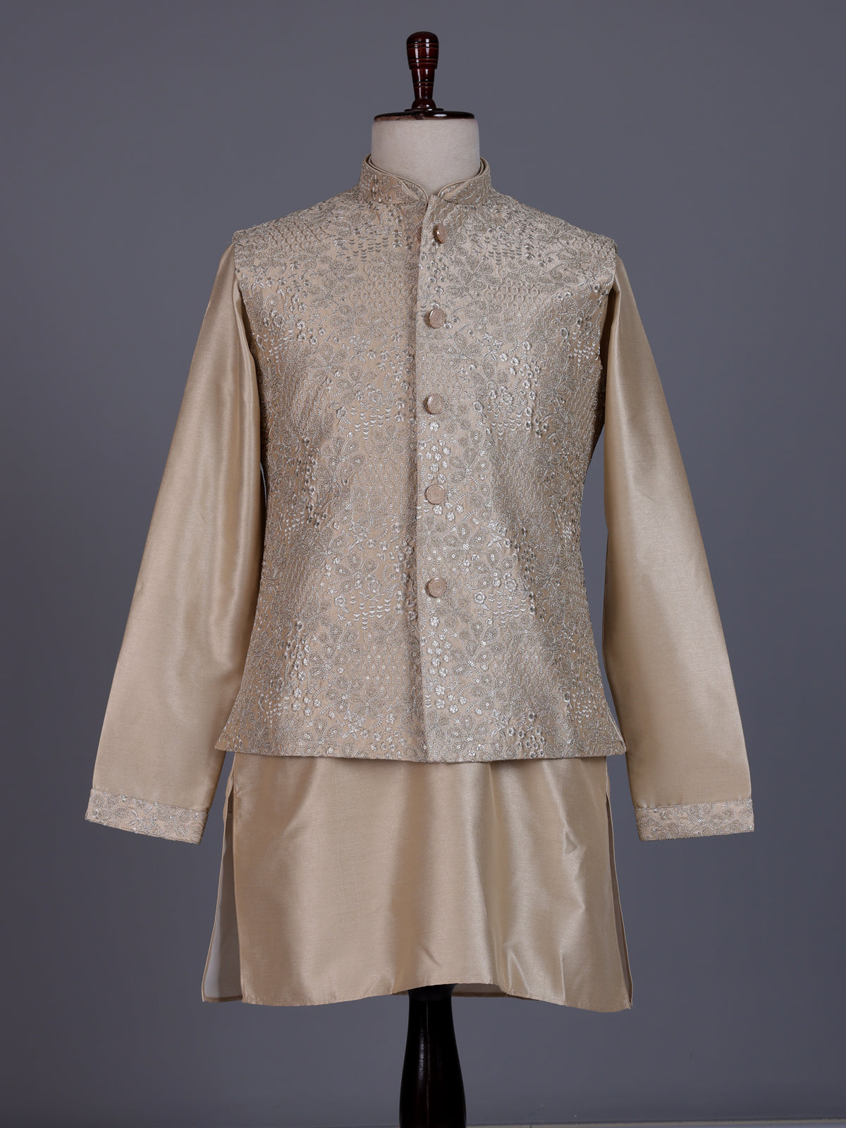 Pastel beige silk mens waistcoat set with floral sequin embroidery