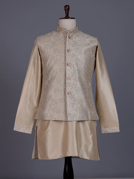 Pastel beige silk mens waistcoat set with floral sequin embroidery