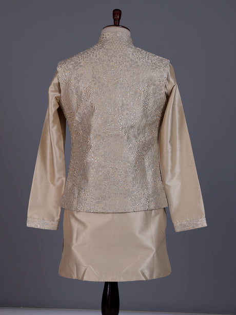 Pastel beige silk mens waistcoat set with floral sequin embroidery