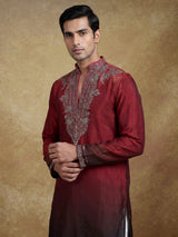 Maroon tissue silk mens kurta suit with embellished shaded  yoke