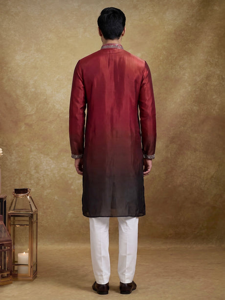 Maroon tissue silk mens kurta suit with embellished shaded  yoke
