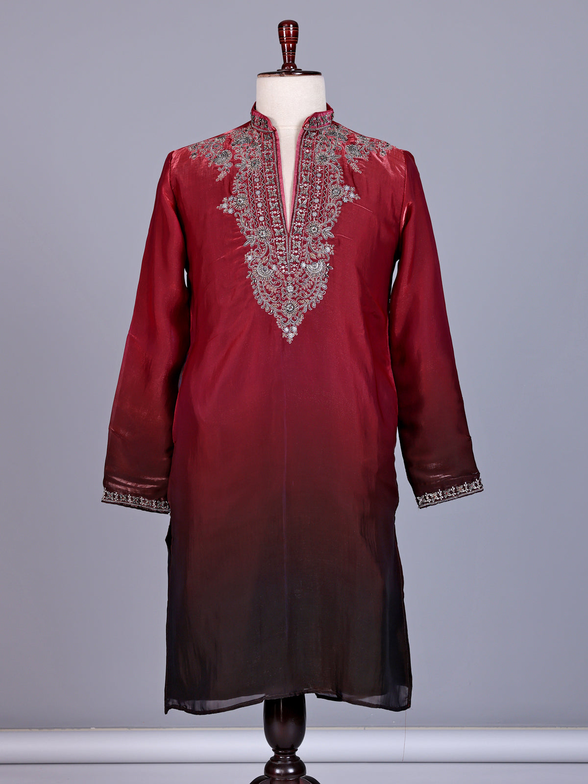 Maroon tissue silk mens kurta suit with embellished shaded  yoke