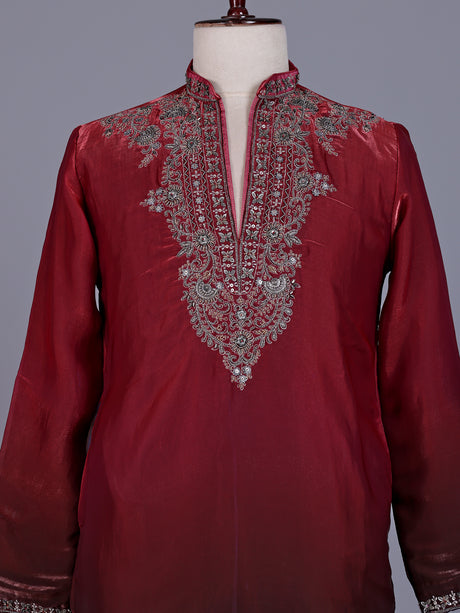 Maroon tissue silk mens kurta suit with embellished shaded  yoke