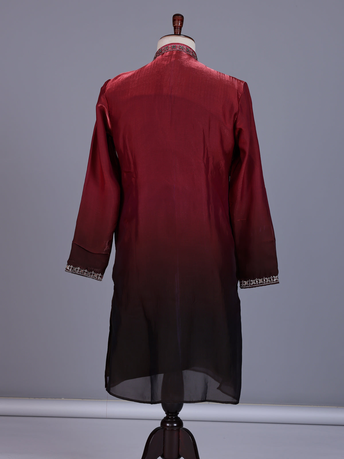 Maroon tissue silk mens kurta suit with embellished shaded  yoke