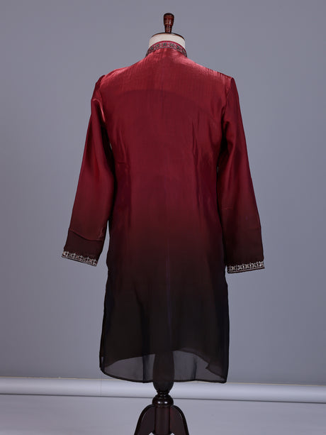 Maroon tissue silk mens kurta suit with embellished shaded  yoke