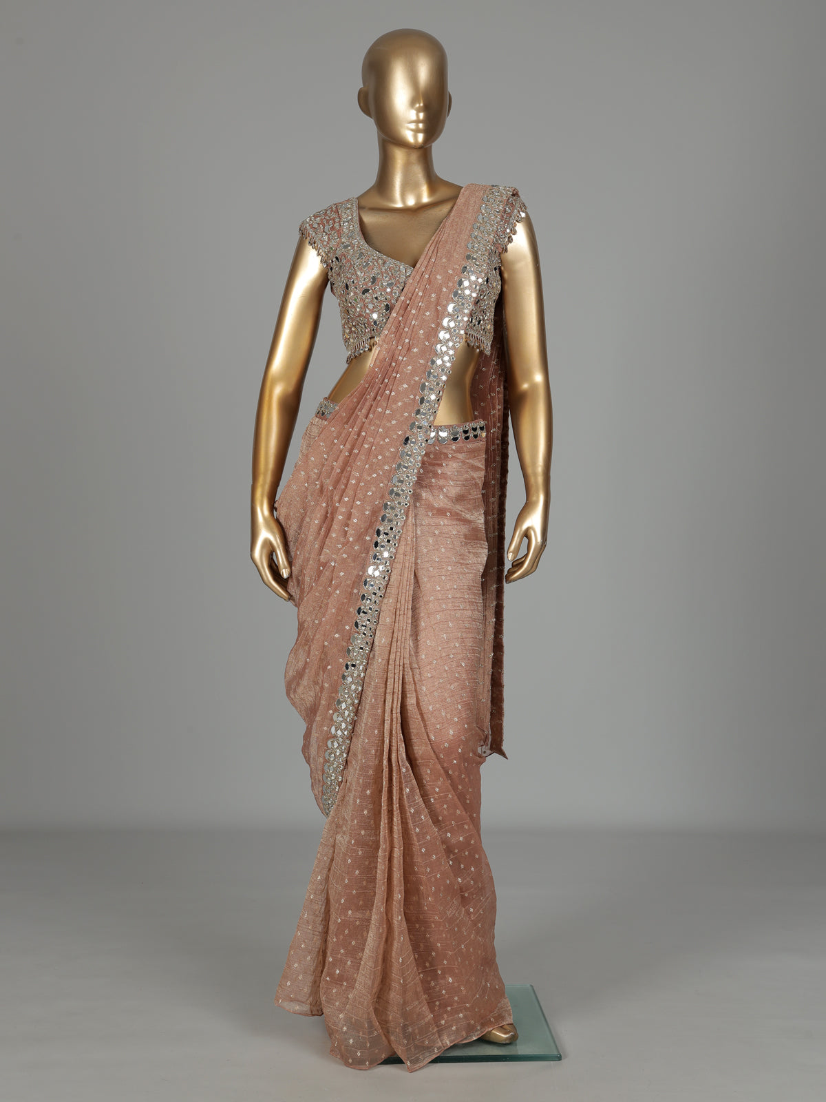 Peach tissue chiffon silk ready to wear saree with zari embellishments