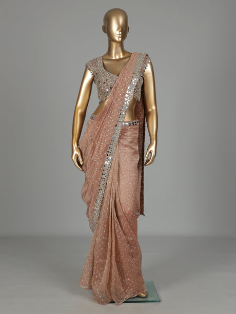 Peach tissue chiffon silk ready to wear saree with zari embellishments